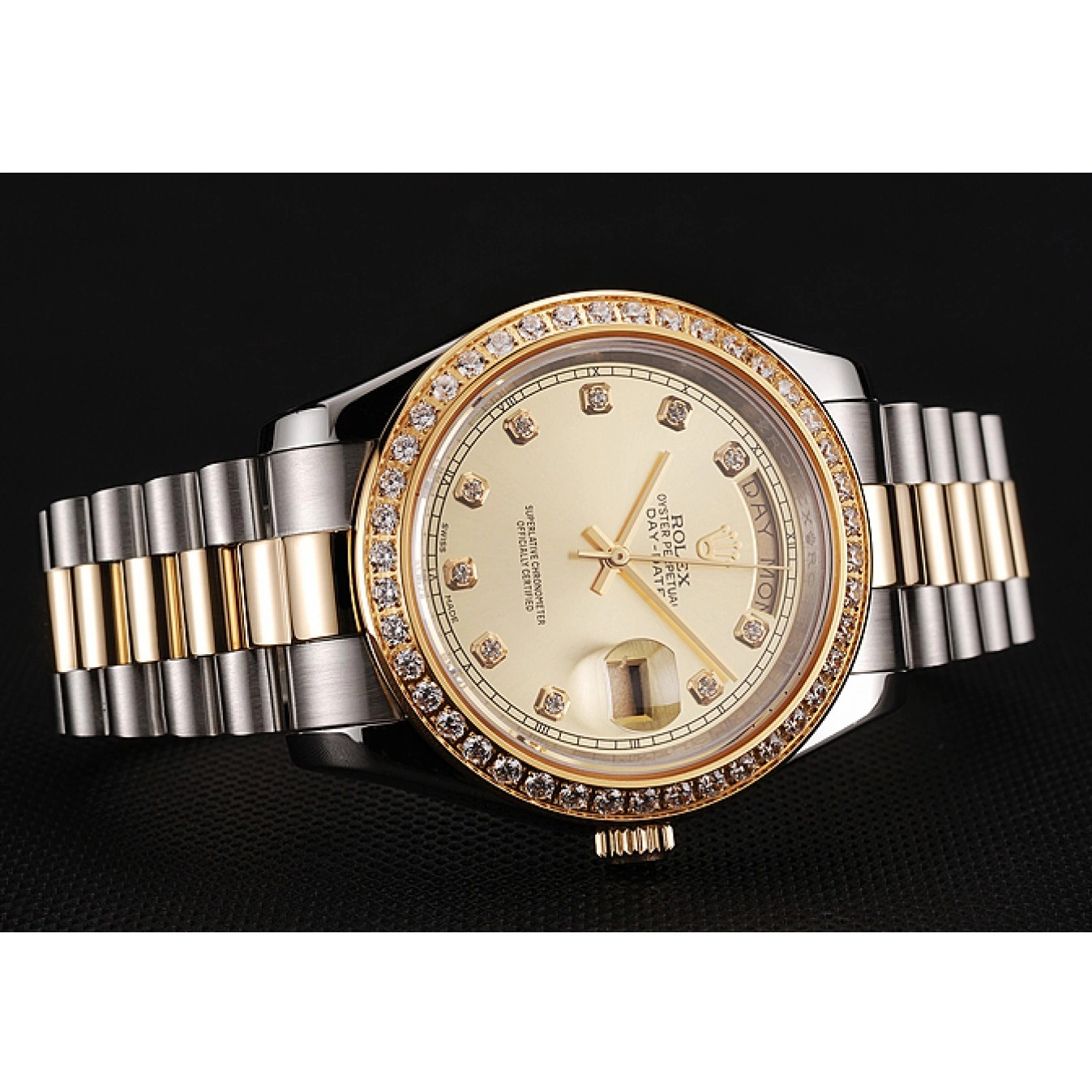 Aaa replica watch Rolex Tone Gold Dial Champagne Case Swiss 1453974 Diamond Day-Date Stainless Steel Two Bracelet 0520